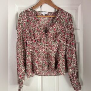 Topshop Red and White Puff Sleeve Blouse with Tie Front